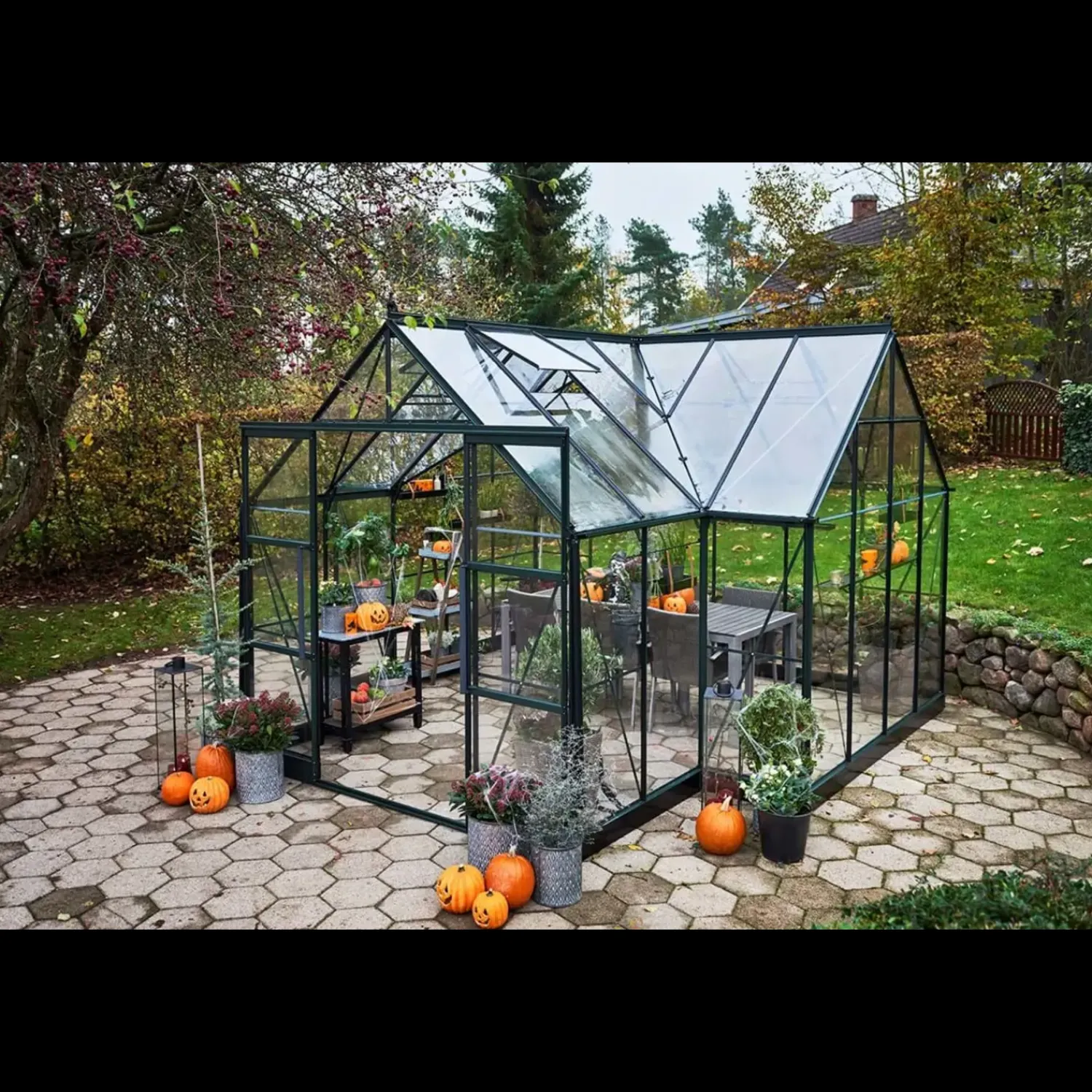 Halls Orangerier^Garden Room drivhus grøn med hærdet glas, inkl. sokkel 12,9 m²