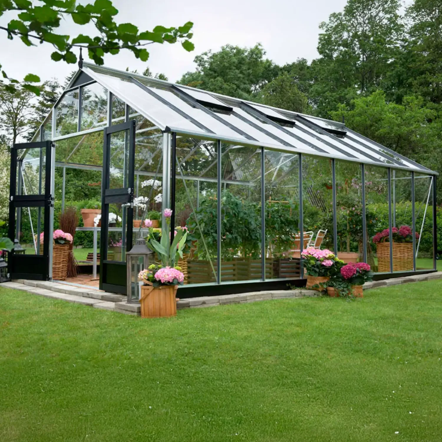 Juliana Store Drivhuse Over 10 M²^Gartner 21,4 m² drivhus alu/sort med 3mm hærdet glas