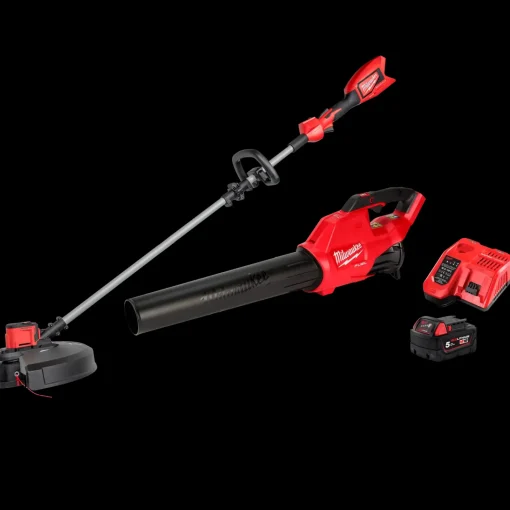 Online Milwaukee PowerPack M18 FPP2OPL1-501 løvblæser, græstrimmer inkl. 1x5,0 Ah batteri og hurtigoplader