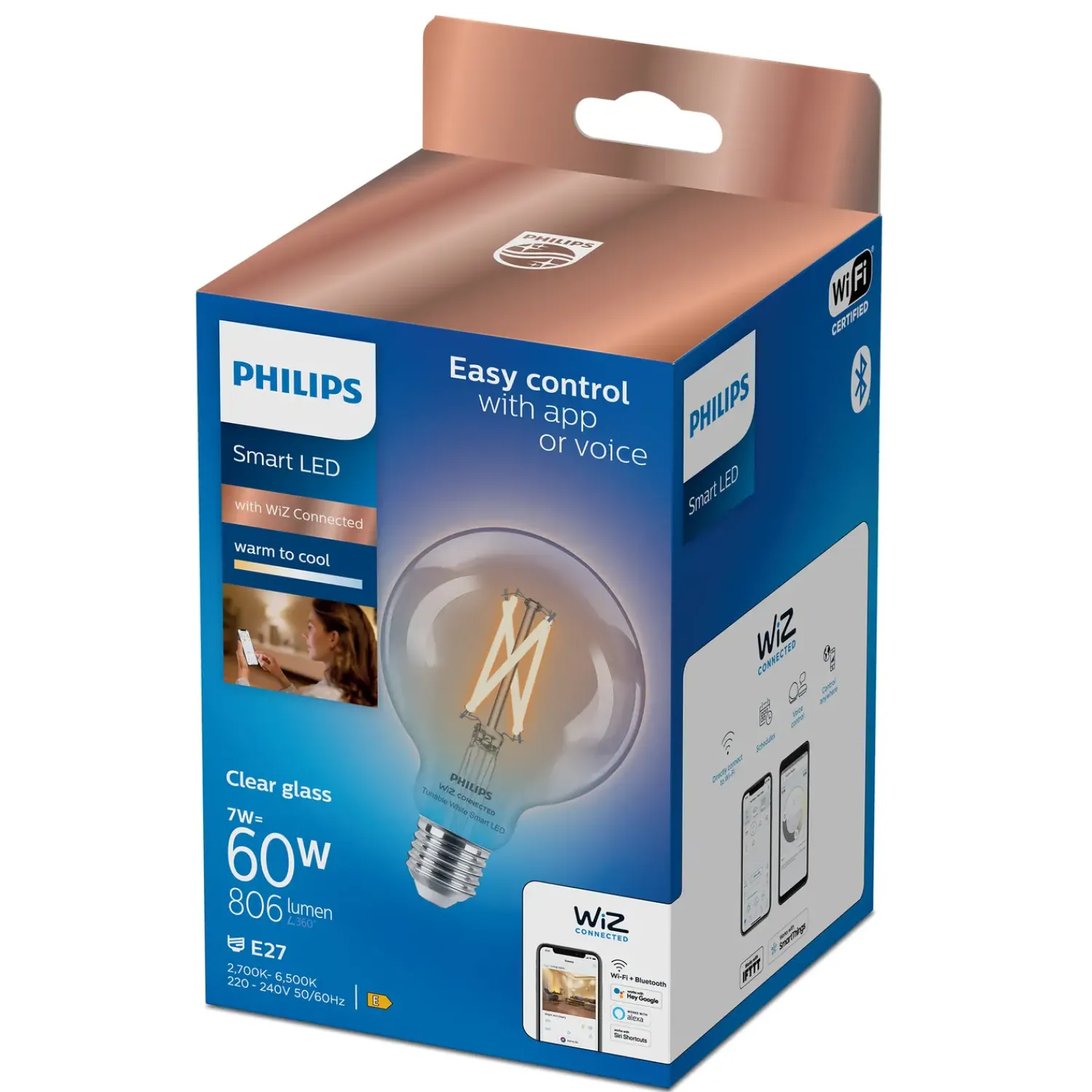 Outlet Philips Smart Wiz white LED pære E27 6,7W globe klar