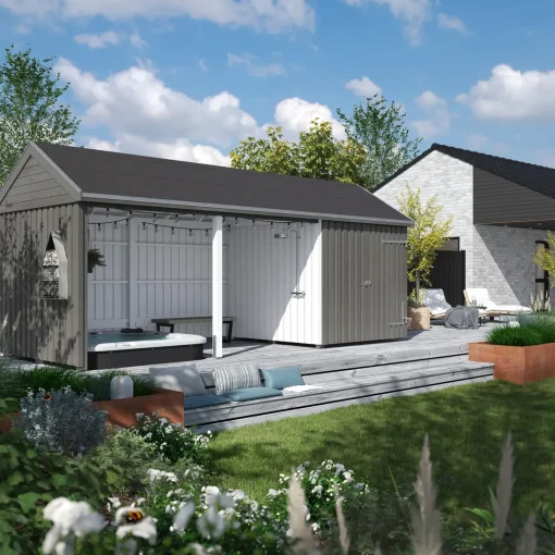 Plus Redskabsskure I Træ^Classic Multi Havehus 14,5 m²  3 moduler m/enkeltdør og åben front