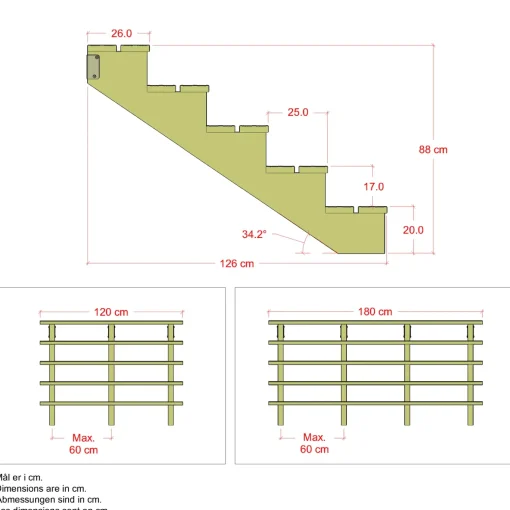 Outlet Plus Terrassetrappe 5 trin 88x126 cm 34,2°  120 cm