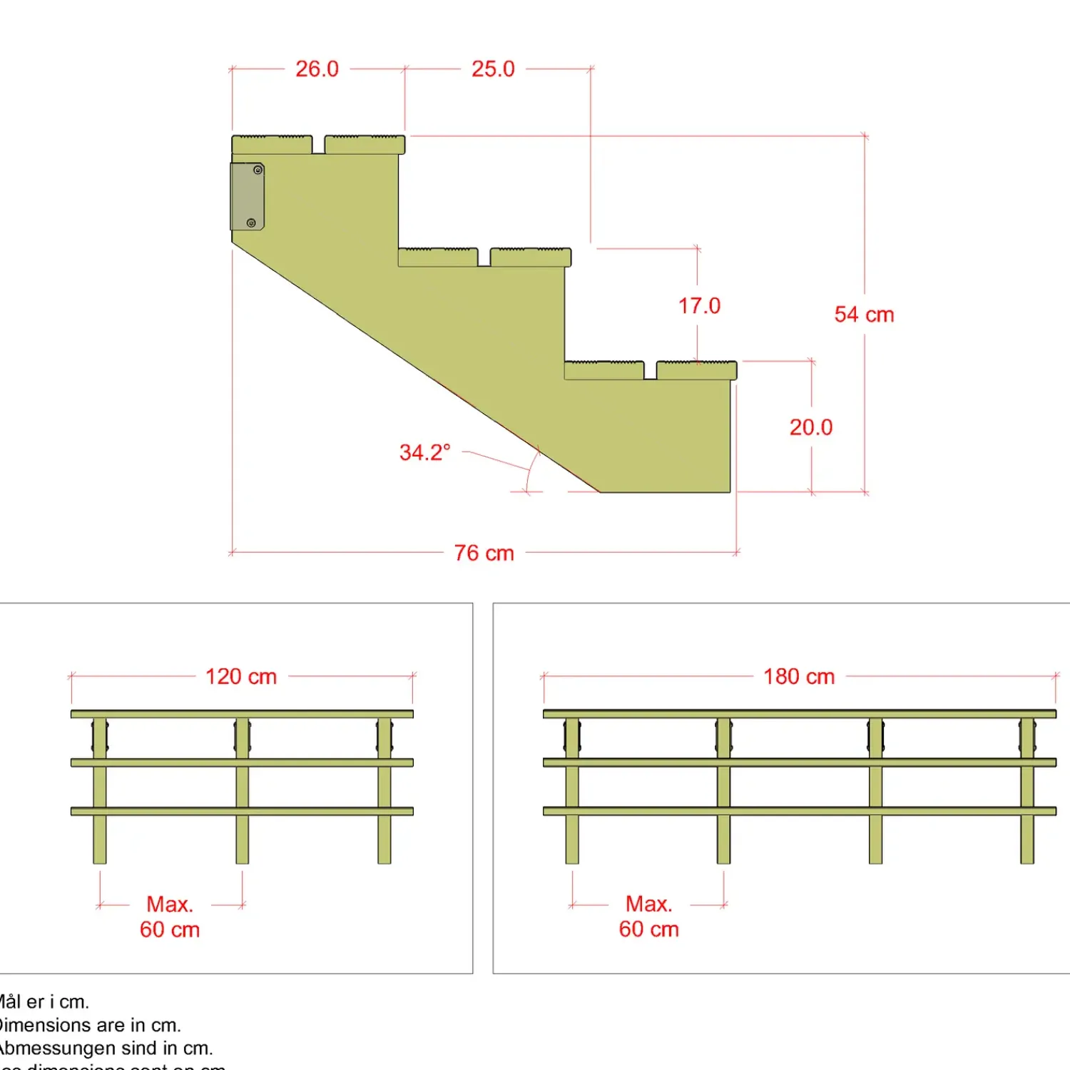 Plus Trapper Og Lemme^Terrassetrappe 3 trin 54x76 cm 34,2° 120 cm