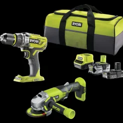 Online Ryobi håndværkersæt bore-/skruemaskine, vinkelsliber, batterier og taske