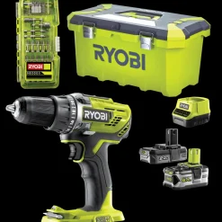 Clearance Ryobi R18DD3-252T akku bore-/skruemaskine 1x2,0+1x5,0 Ah 18V ONE+ inkl. 17 dele tilbehør