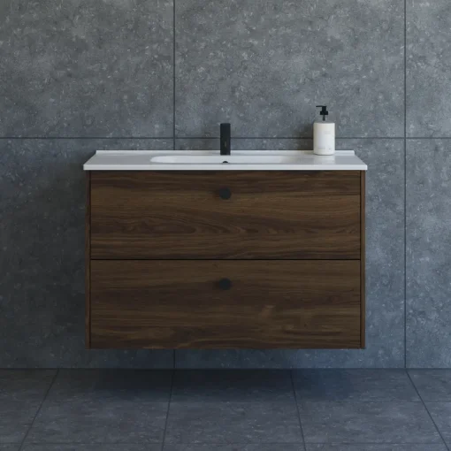 Bademiljøer^Scanbad Delta badmøbel m/Karat vask, 2 skuffer, brun eg 100 cm