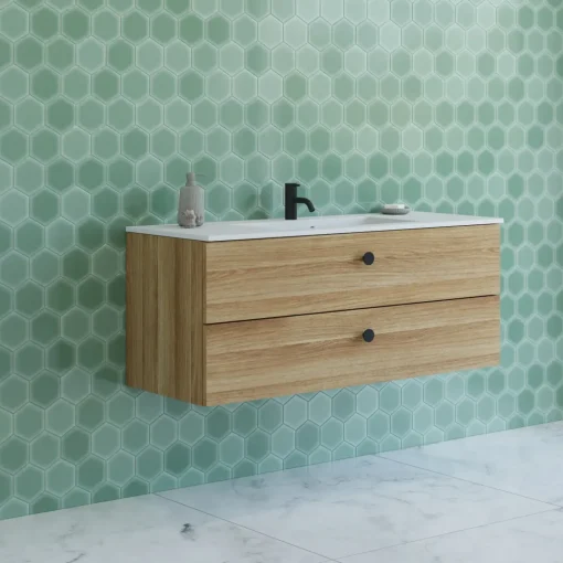Bademiljøer^Scanbad Delta badmøbel m/Micca vask m/skuffer, varm eg 120 cm