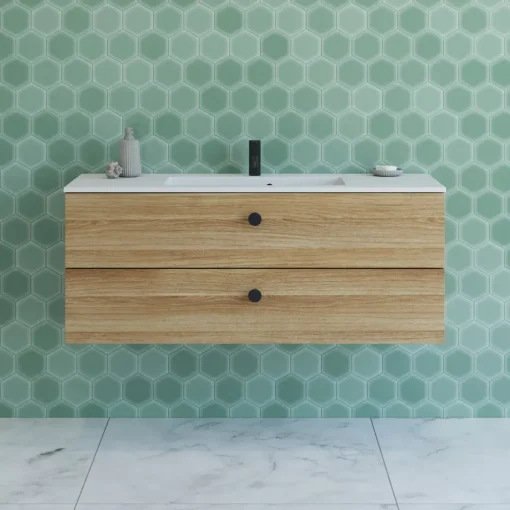 Bademiljøer^Scanbad Delta badmøbel m/Micca vask m/skuffer, varm eg 120 cm