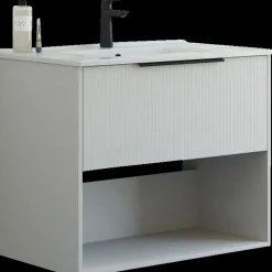 Outlet Scanbad NOW vaskeskab m/én skuffe og åbent rum 65,8x81x45,5 cm mat sand stribet front