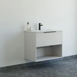 Outlet Scanbad NOW vaskeskab m/én skuffe og åbent rum 65,8x81x45,5 cm mat sand stribet front