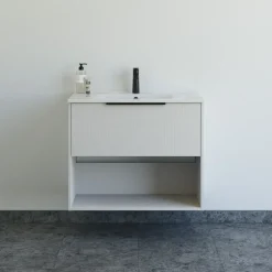 Outlet Scanbad NOW vaskeskab m/én skuffe og åbent rum 65,8x81x45,5 cm mat sand stribet front