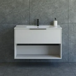 Vaskeskabe^Scanbad NOW vaskeskab m/én skuffe og åbent rum 65,8x101x45,5 cm mat sand glat front